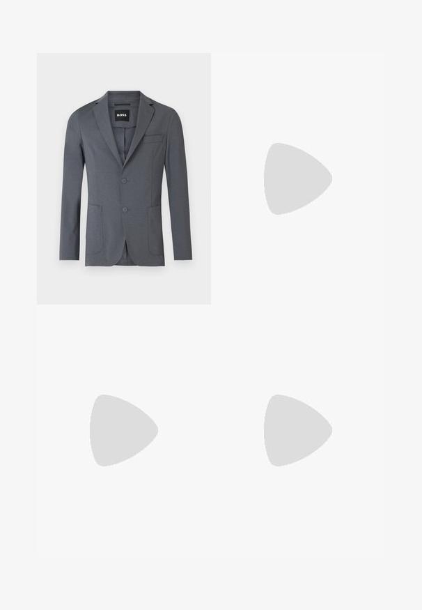 Grå kavaj i slätt tyg med slag, två framfickor, en bröstficka och två knappar. Enkelt och rent design.; Svart kortärmad T-shirt i en mjuk bomullsblandning, med rundad halsringning och en minimalistisk design utan mönster eller detaljer.; Svarta joggingbyxor i slätt tyg. Har resårmidja med en dragsko, avsmalnande ben och inga synliga fickor. Enkelt design.; Svarta läder slip-on loafers med en texturerad yta och en kontrasterande beige gummisula. Har en subtil accent längs fram.