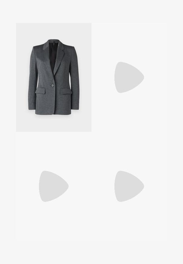 DRYKORN ATLIN - Blazer - grey; White short-sleeve t-shirt made of cotton with a crew neck design. Smooth texture and straight cut, no patterns or accents.; Black tailored trousers with a straight-leg design, featuring a smooth texture and crisp creases along the front. No visible hardware.; Black leather slingback heels with a pointed toe, featuring a slim heel and a gold-tone accent on the adjustable strap. Smooth texture.; Black leather handbag with a gathered top design, featuring two short handles and a long adjustable strap. Smooth texture, rounded shape.