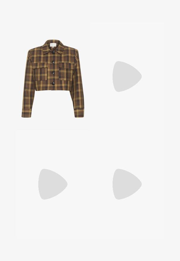 Afskåret jakke med et gult og brunt ternet mønster, sorte knapper, to frontlommer og en spids krave. Materialet er en bomuldsblanding.; Massimo Dutti HALTER NECK - Top - dark brown; Brune brede bukser med en glat tekstur, der har et sort bælte i taljen og sidelommer. Skræddersyet design og afslappet pasform.; Brune sandaler med slanke stropper, spænde detaljer og en polstret sål. Stropperne er lavet af et blødt materiale, der er designet til komfort og åndbarhed.