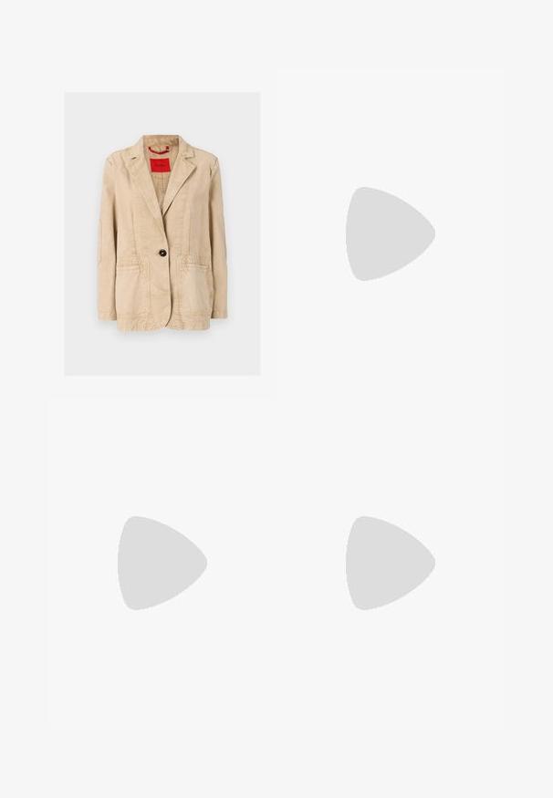 Beež puuvillane jope, millel on soonikuga krae, ühe musta nööbi sulgemine, kaks esist pocketit ning nähtavad õmblusdetailid. Punane silt sees.; Valge varrukateta vest, millel on pingutatud disain, kuus ümmargust nööpi ja kaks esi-taskut. Valmistatud siledast materjalist puhta viimistlusega.; Pruun nahkne A-line seelik, millel on sile tekstuur ja keskmise pikkusega lõhik. Omab sobivat vöökohta ja kerget laienemist puusadelt.; Mustmust paelad, millel on terav varvas, tekstuuriga maduprindiga, reguleeritav rihm ja lühike tekstuuriga plokknina.; Must küllastamata nahast õlakott, millel on kaks esist nähtavat taskut, kuldsed pandlad, tõmblukuga sulgemine ja peen rihm. Tekstuuriga pind ja kompaktne ristkülikukujuline kuju.