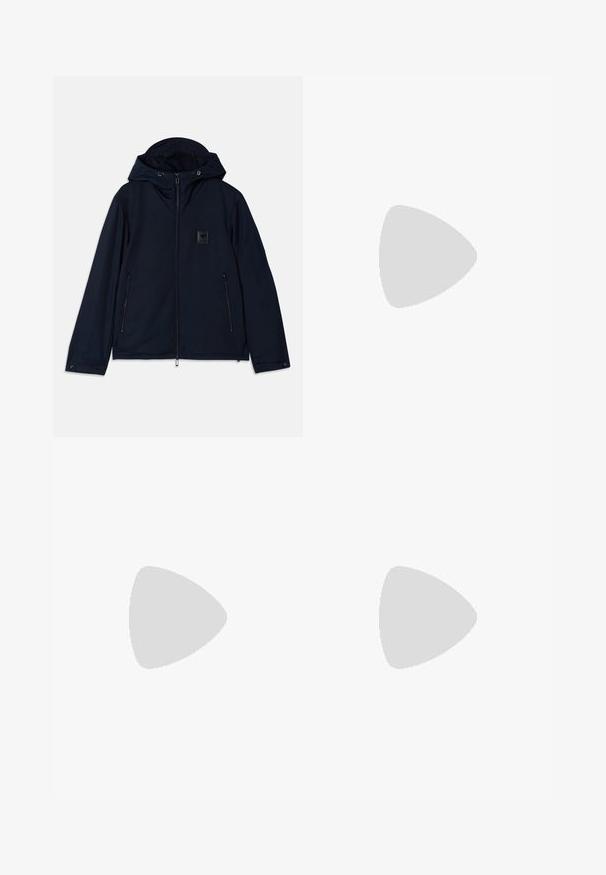 Navy hooded jacket with a front zip closure, two zippered side pockets, and a textured logo patch on the chest. Smooth fabric finish.; Black cotton t-shirt with a crew neck and short sleeves. Features a small blue logo on the left chest. Simple, straight-cut design.; Black trousers featuring a lightweight, textured fabric, straight-leg design, elastic waistband, and side zip pockets.; White low-top sneakers with a textured leather upper, cream ridged sole, and a tan heel accent. Features white laces and logo detail on heel.