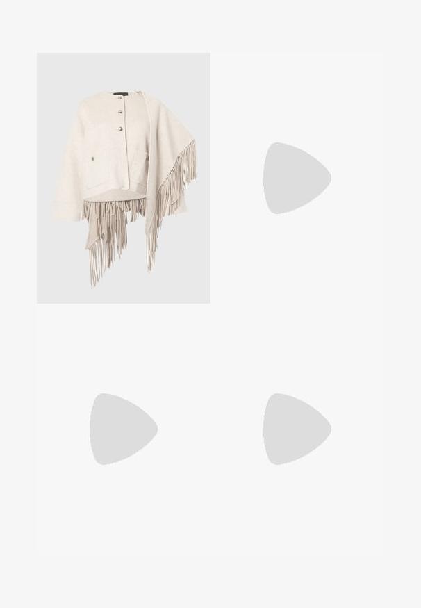 Wool blend jacket in light beige with a rounded neckline, button closure, two front pockets, and asymmetric hem featuring long fringing.; Black long-sleeve top with a textured square-patterned design. Round neckline and fitted shape, made from a soft material.; Black wide-leg trousers made of soft, stretchy fabric. Features a smooth waistband and no visible seams or pockets. Simple and versatile design.; White leather slingback shoe with a pointed toe, small heel, and adjustable strap featuring a prominent silver buckle detail.; Dark blue denim bag with a rounded shape, multiple exterior pockets, adjustable strap, and silver hardware accents. Top handle included.