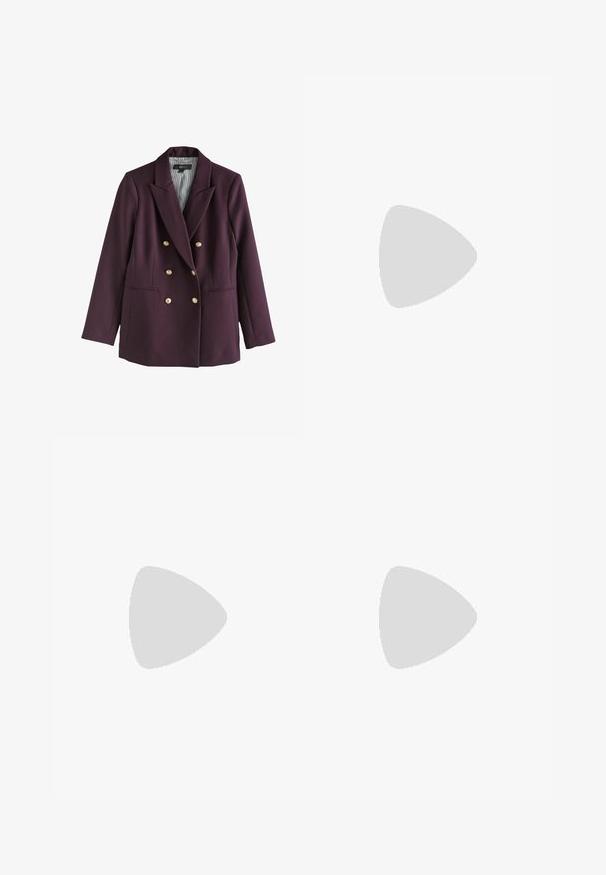 Dunkelvioletter, doppelt gearbeiteter Blazer aus stoff, ausgestattet mit goldfarbigen Knöpfen, mit Revers, und zwei vorderen Leistentaschen. Gestreifte Innenauskleidung.; Schwarzes Langarm-Oberteil aus weichem Stoff, mit einem drapierten Design, das eine überlappende Front und einen U-Boot-Ausschnitt aufweist. Geschmeidige Textur, cropped Länge.; Helleblaue Denim-Jeans mit weit geschnittenem Design, ausgestattet mit einem Knopf- und Reißverschluss, fünf Taschen und minimalen Nähten.; Brauner Sportschuh mit Mesh- und Synthetik-Obermaterial, mit drei Streifen, detaillierter Steppnaht, dämpfender Sohle und charakteristischem federndem Absatz.; Goldfarbene Drawstring-Handtasche mit einem runden Griff, verziert mit glänzenden runden Pailletten und einem strukturierten Stoff. Abmessungen sind nicht angegeben.