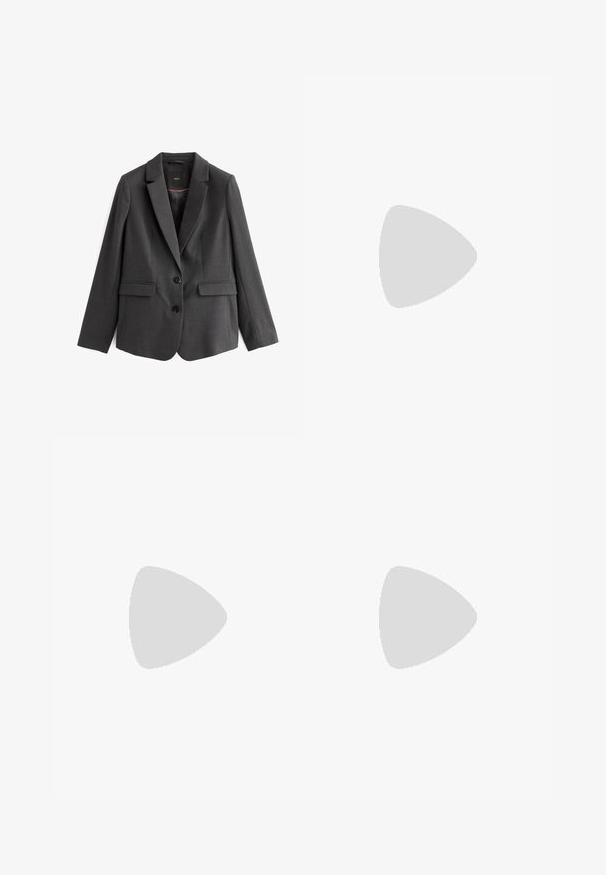 Blazer gris foncé, à simple boutonnage, avec revers cranté, deux poches avant, deux boutons noirs et tissu à texture lisse. Intérieur doublé.; Débardeur blanc sans manches avec un décolleté carré, texture lisse et design ajusté. Fabriqué en tissu léger.; Jean large blanc en denim avec taille haute, comportant cinq poches et des accents en métal. Texture lisse, sans motifs visibles.; Baskets de sport beiges en matériaux mesh et suède, avec une pointe arrondie, une semelle épaisse et des accents réfléchissants notables sur les côtés.; Lunettes de soleil en métal doré avec des montures hexagonales, des verres sombres dégradés, des branches fines et des embouts en caoutchouc noir. Marquées "vogue" sur un des verres.