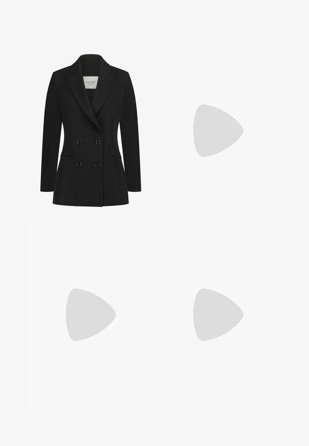 Black double-breasted blazer made of smooth fabric, featuring notched lapels, two side pockets, and six black buttons on the front.; Stradivarius Top - dark brown; Black pants made of smooth, stretch fabric with a slim fit. Features a flat front and simple design with no visible hardware or accents.; Black patent leather slingback heels with a pointed toe, a rounded cutout design, and a block heel. Features a gold-tone buckle accent.; Black oversized sunglasses with gradient lenses, thick frames, and gold-tone chain detailing on the temple arms.