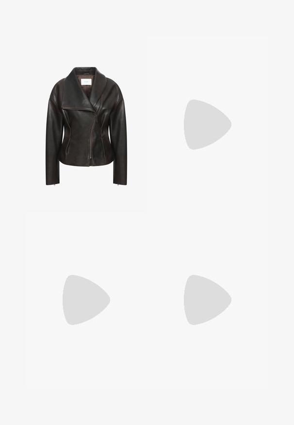 Brown leather jacket with a wide collar, diagonal front zipper, and tailored silhouette. Features smooth texture and minimal stitching details.; Black midi dress with thin adjustable straps, featuring a draped design and smooth texture. No visible patterns or embellishments.; Black leather knee-high boots with a square toe and a block heel. Features a side zipper and smooth texture.; Dark burgundy leather shoulder bag with a sleek, curved design. Features a zippered top and a thin, adjustable strap. Smooth texture.