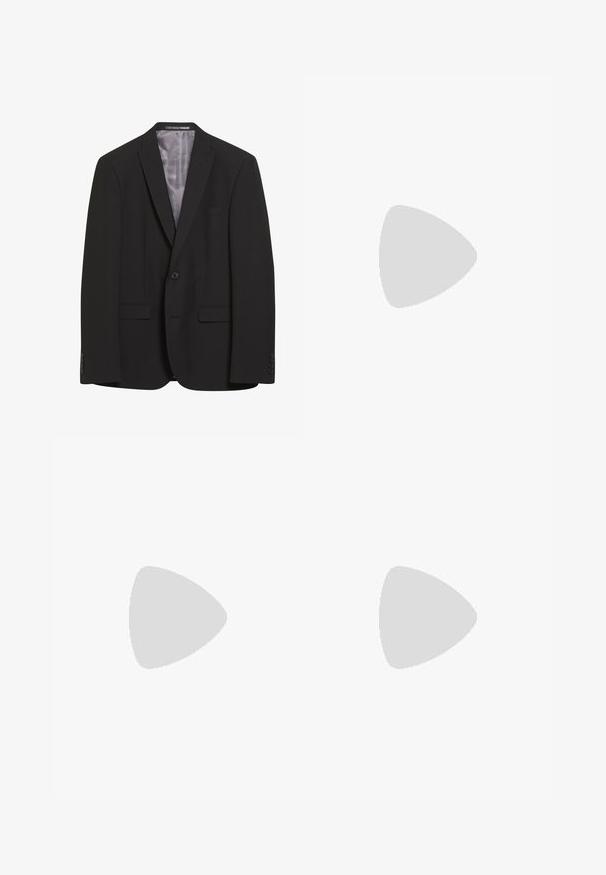Black blazer made of smooth fabric. Features a notched lapel, single button closure, two front pockets, and four button accents on each sleeve.; White short-sleeved t-shirt made from cotton, featuring a round neckline and a relaxed fit. Smooth texture, with no visible patterns or accents.; Black trousers with a pleated front design, made from smooth fabric. Features a button closure and belt loops; straight-leg fit.; White leather sneaker with lace-up closure, textured surface, and a thick white rubber sole featuring a serrated edge for grip.