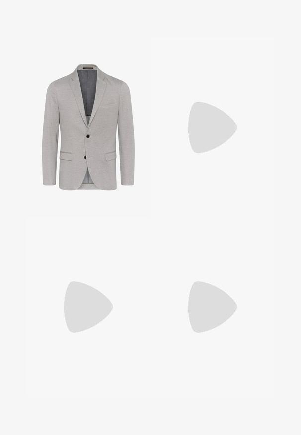 Ljust grå blazer med en texturerad tyg, krage med kilar, tvåknäppning och fackfickor. Fodrad inredning i en kontrasterande färg.; Svart kortärmad polo t-shirt i slät tyg med klassisk krage och treknapps placket; har en rak nederkant.; Next SIGNATURE - REGULAR FIT - Tygbyxor - neutral; Svart syntetiska loafers med en framträdande söm på framsidan, vadderad sula och platt gummiyttersula; elegant design med minimalt detaljerad.; Guldmetallramda solglasögon med mörkgröna linser, pilotstil, med smala armfästen och sköldpaddsmönstra detaljer på spetsarna.
