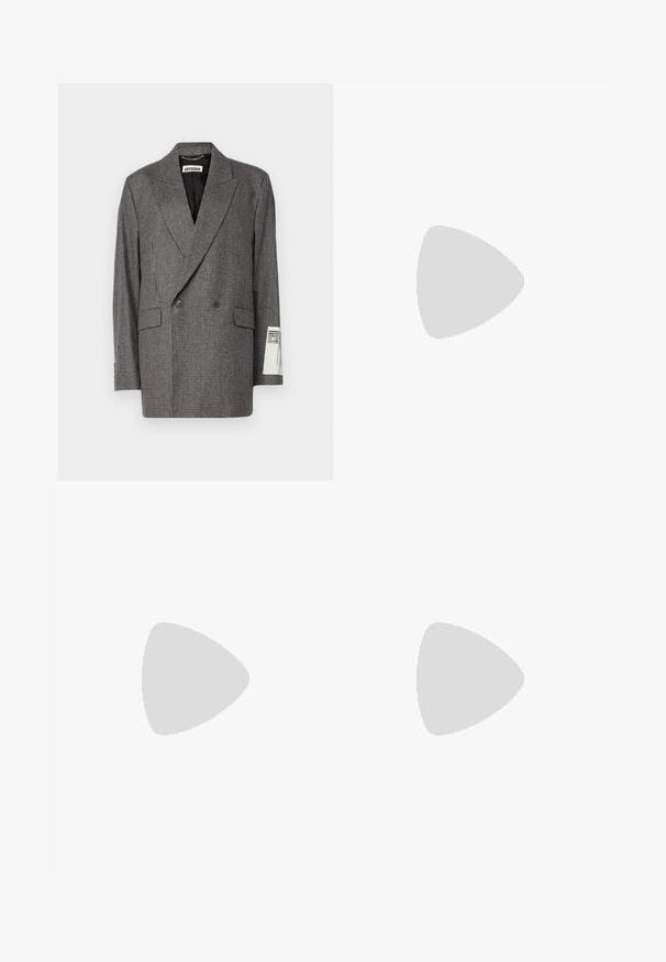 Double-breasted blazer in grey houndstooth pattern, made of textured fabric. Features a notched collar and two front pockets. Tag visible on sleeve.; White long-sleeve dress shirt made from smooth cotton, featuring a pointed collar, front button closure, and straight-cut hem.; Wide-leg trousers made of dark gray fabric. Features pleats at the waist, a tailored design, and a straight silhouette.; Black leather oxford shoe with lace-up design, rounded toe, flat rubber sole, and subtle stitching detail along the upper.