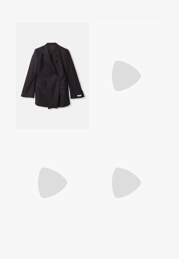 Black, double-breasted blazer made from a smooth fabric. Features notched lapels, two front pockets, and button detailing on sleeves.; Black short-sleeve crew neck cotton T-shirt laid flat on white background with visible brand label inside collar.; Black trousers made from smooth fabric featuring a high waist, wide legs, front pleats, and classic belt loops. No side pockets visible.; Black patent leather slingback high heels with a pointed toe, adjustable ankle strap, and a moderate block heel. Smooth texture with glossy finish.