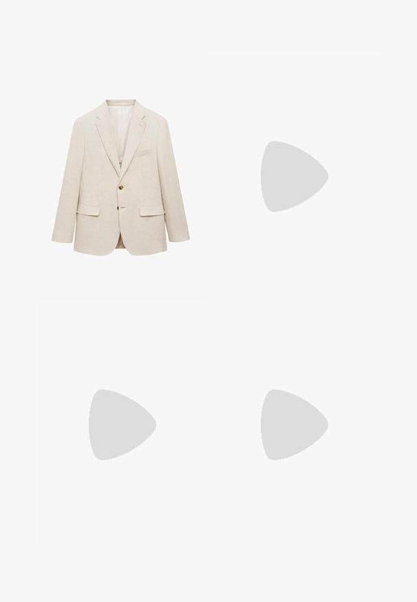 Mango Giacca elegante - beige; Canotta bianca in cotone con scollatura rotonda, spalline larghe e orlo dritto, caratterizzata da una superficie liscia e senza motivi visibili.; Pantaloni larghi marroni con pieghe. Realizzati in un tessuto liscio, presentano una vita sagomata e tasche laterali. Orlo piatto in fondo.; Mocassini in pelle marrone con accentuazione in tela taupe, dettaglio cucito e suola in gomma testurizzata progettata per comfort e durata.; Occhiali da sole Ray-Ban con lenti verdi, montatura in plastica nera e dettagli dorati ai bordi. Forma quadrata con finitura opaca.