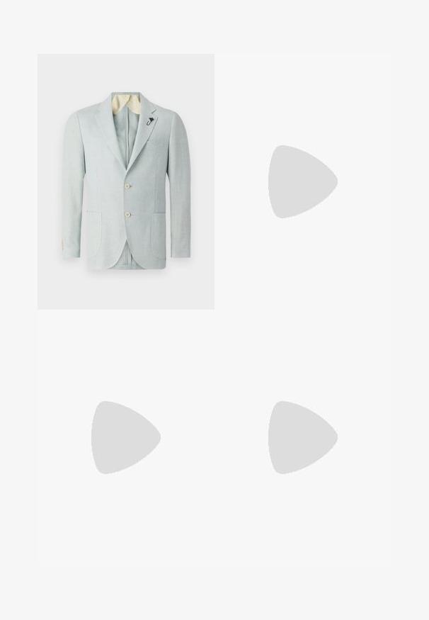 Light blue linen blazer with two front pockets, two buttons, and a contrasting cream-colored lining. Features a decorative pin on the lapel.; Navy blue cotton t-shirt with a crew neckline. Features blue embroidered graphic text and smiley face design on the front. Short sleeves.; Tiger of Sweden TENUTA - Chinos - light ink; Light beige leather sneakers with flat laces, a textured surface, and a contrasting cream-colored rubber sole, paired with black tapered pants.