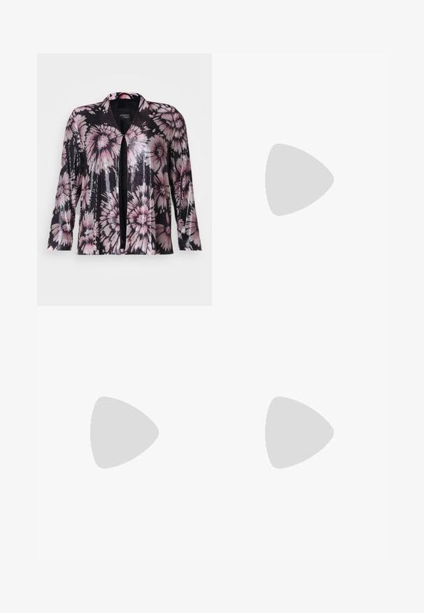 Svart blommig cardigan med rosa och silverfärgade paljetter, öppen framdesign och trekvartslånga ärmar med en strukturerad finish.; Vit kortärmad t-shirt i ribbat tyg. Rund halsringning, normal passform och diskreta sömdetaljer. Inga mönster eller tryck.; Beige skräddarsydda byxor med rak bendesign, tillverkade av lättviktsmaterial. Har framfickor och en klassisk midja.; Svart läderballerinaskor med rund tå, slät yta, minimala söm detaljer och en flexibel sula.; Rosa läder crossbody-väska med en slät yta, utrustad med en guld abstrakt hårdvarudetalj och en avtagbar rem. Kompakt rektangulär design.