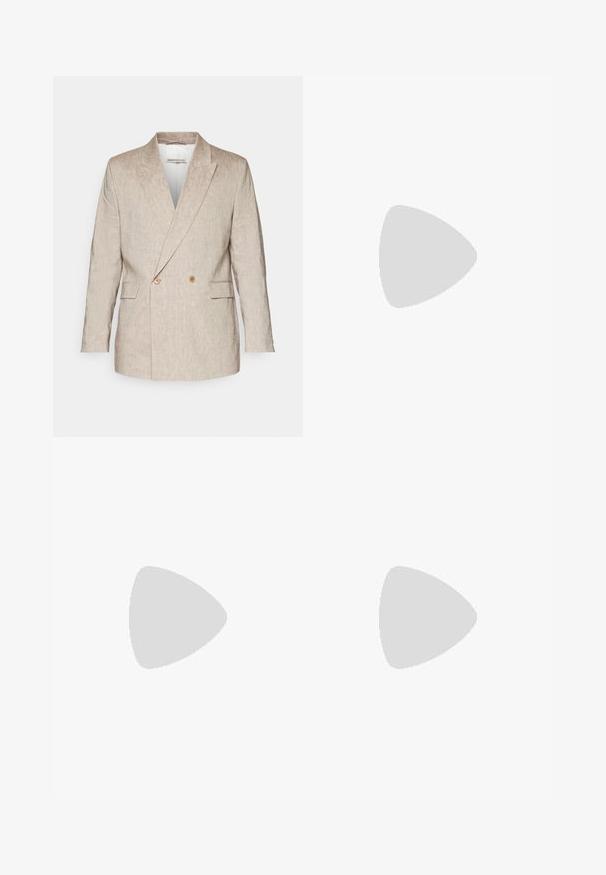 Light beige double-breasted blazer with a textured finish, notched lapels, and two front pockets, featuring brown buttons on the front.; Two cotton t-shirts in black and white, featuring a crew neck and a small logo on the chest. Both have short sleeves and a straight cut.; Beige sweatpants with black side stripes, featuring an elastic waistband with a drawstring, cuffed ankles, and a logo on the left leg.; White leather sneakers with gum rubber sole. Features light suede toe cap and “BOSS” logo in gold on the side. Worn with cuffed beige pants.