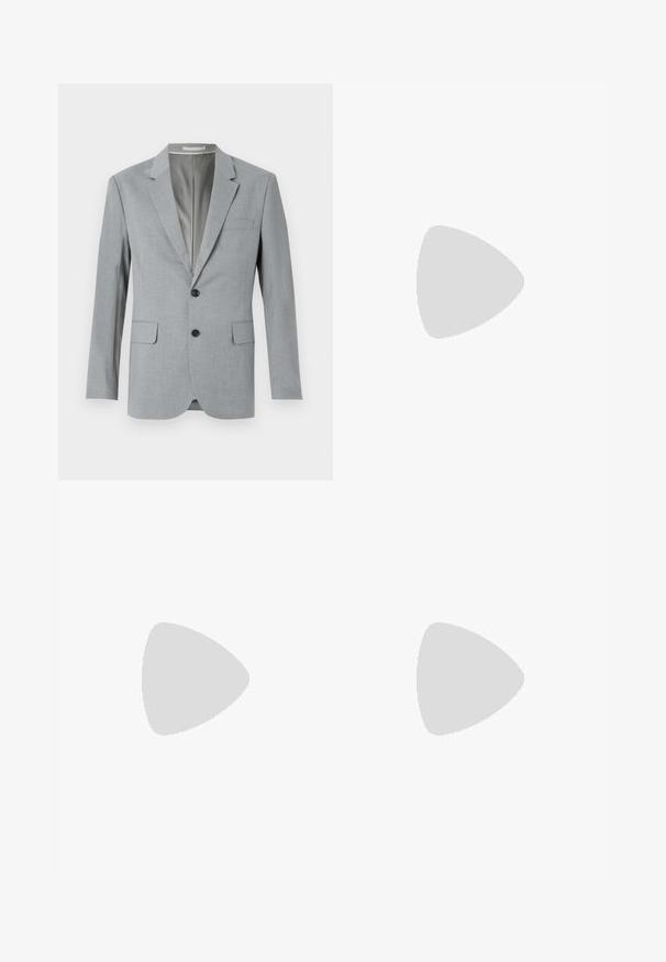 Grey blazer with a textured fabric, single-breasted design, notched lapels, two front pockets, and black buttons. Lined interior.; White short-sleeve t-shirt, loose fit, round neckline, smooth cotton fabric, unembellished back, straight hemline, no patterns or accents.; Gray tailored trousers with a flat front, two side pockets, and a single button closure. Smooth texture with a subtle pinstripe pattern.; Black leather loafers with a smooth finish, rounded toe, and decorative stitching on the vamp. Low stacked heel and slight shine.