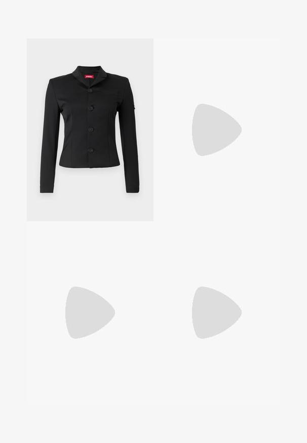 Black blazer made of smooth fabric, featuring a shawl collar, five round buttons, long sleeves, and a chest pocket.; White cotton t-shirt with short sleeves, round neckline, relaxed fit, and stitched hem. Label visible on the inside neck.; White wide-leg trousers made from cotton with a smooth texture. Features a front button, zipper fly, and four-pocket design.; Black leather ankle boot with chunky sole, featuring multiple straps and gold hardware accents. Smooth texture, rugged design.; Cream-colored sunglasses with oval lenses, black tint, and metallic logo accents at the temples. Smooth texture, cat-eye design.