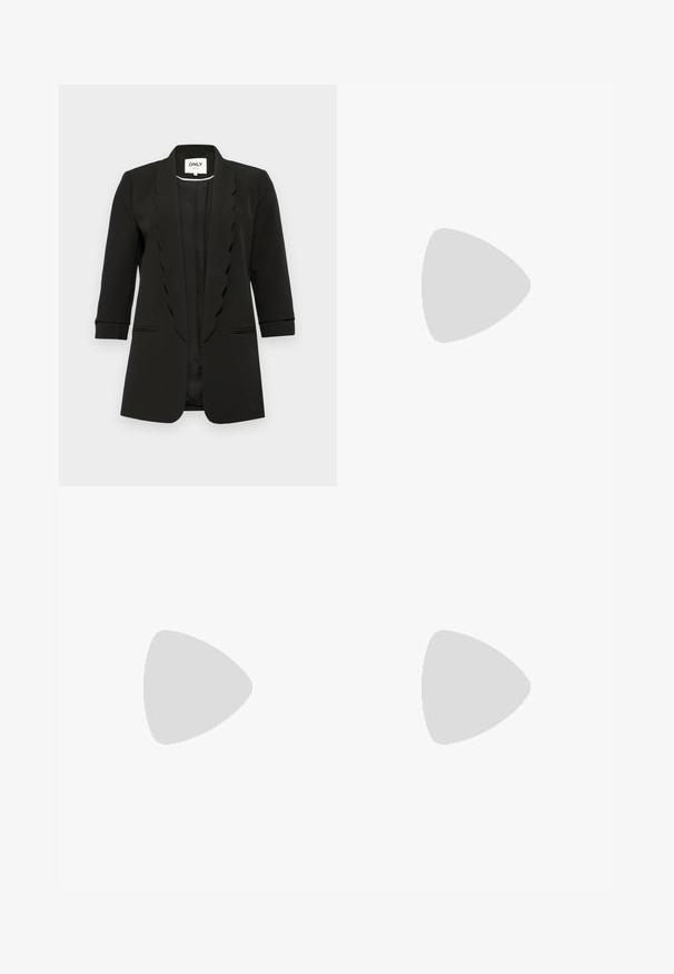 ONLY ONLELLY 3/4 LIFE SCALLOP - Bleizeris - black; Balta raukšlėta tank top marškinėliai su apvaliu iškirpimu, be rankovių dizainu ir trumpa ilgio. Etiketėje parašyta "JJXX." Lygus audinio paviršius.; Juodos, plačios kelnės su elastinga juosta, pagamintos iš lygaus audinio. Pasižymi švariu dizainu, be kišenių ar matomų siūlių detalių.; Juoda ir pilka zomšinė sportinė avalynė su dideliu kreminiu "N" logotipu, violetinėmis raištelėmis ir tekstūruota gumos padu.