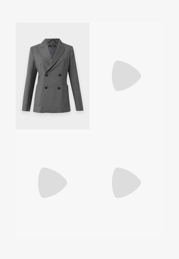 Double-breasted grey blazer with wide lapels, four black buttons, two front patch pockets, and long sleeves, displayed on a white background.; Black long-sleeve turtleneck sweater with ribbed cuffs and hem, displayed on a plain white background.; Black trousers made from smooth fabric featuring a high waist, wide legs, front pleats, and classic belt loops. No side pockets visible.; Black patent leather high-heeled pump with a pointed toe design and a sleek silhouette. Features a smooth, shiny finish and a slender stiletto heel.