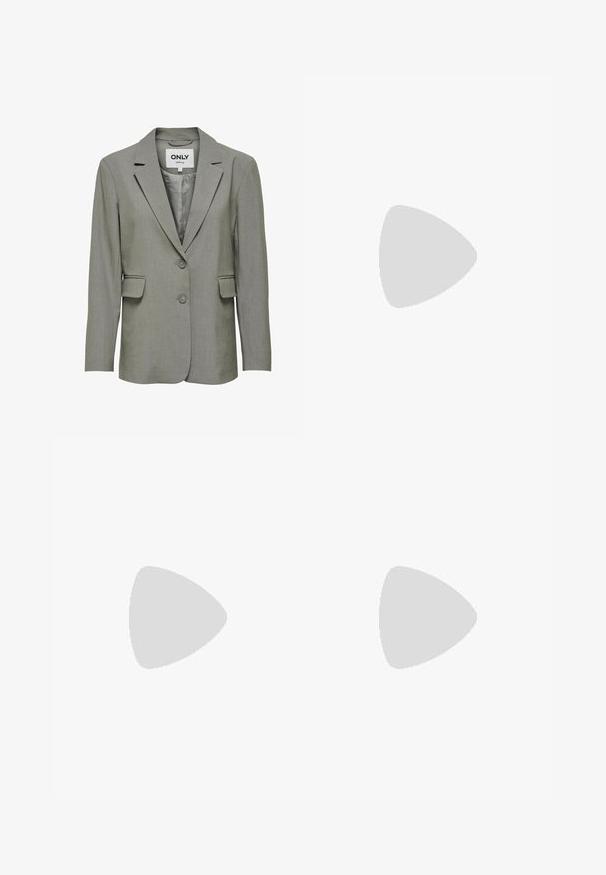 Blazer grigio con una finitura liscia e strutturata. Rever a scatto, chiusura a due bottoni e tasche a falda. Interno foderato per un maggiore comfort.; Tre magliette a maniche lunghe impilate: nera, grigia e bianca. Ognuna ha un colletto rotondo e un design accorciato con tessuto morbido e leggero.; Pantaloni a zampa d'elefante in stampa leopardata nei toni del tan e del nero, realizzati in un tessuto morbido con una texture liscia, caratterizzati da una vita aderente e un orlo a zampa.; Sneakers in suede grigio con lacci bianchi, strisce nere e suola in gomma bianca. Presentano un logo circolare sulla linguetta e una suola in gomma.