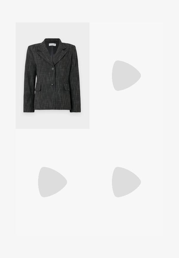 Black blazer with a textured pattern, single-breasted design, notched lapels, two front pockets, and two buttons for closure.; Black cotton T-shirt with a V-neck and short sleeves. Simple design with a regular fit and no patterns or accents.; Black tailored trousers with a straight-leg design, featuring a smooth texture and crisp creases along the front. No visible hardware.; Beige block-heeled sandals with thin straps and a square toe. Smooth material with minimal detailing, designed for easy wear.