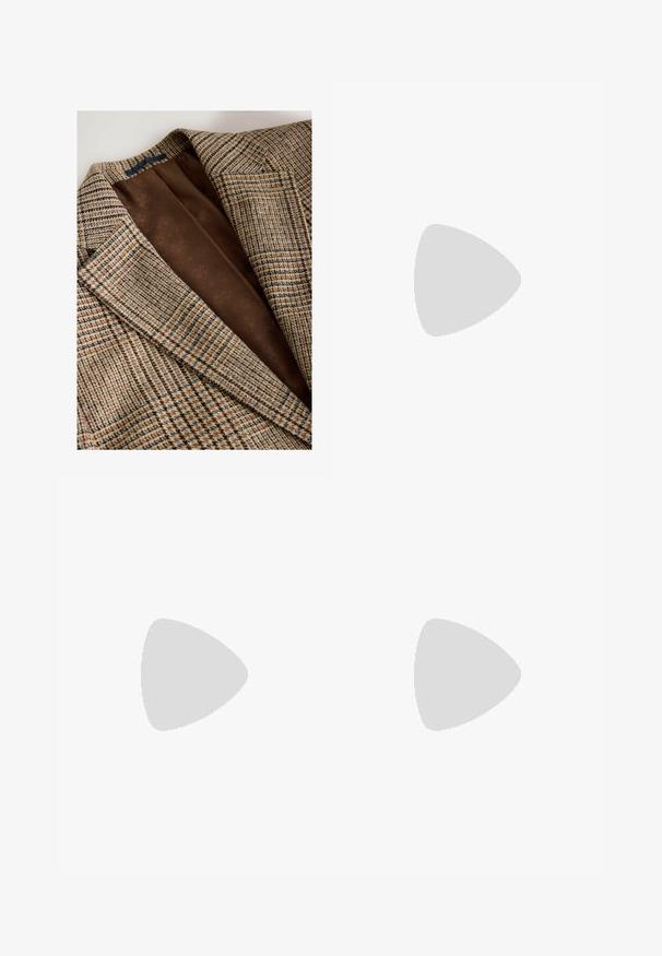 Brown houndstooth blazer with a textured weave, featuring a smooth brown lining with subtle floral patterns. Notched collar and tailored fit.; Dark brown cotton t-shirt with short sleeves, crew neck, and white Adidas logo on the left chest. Simple, relaxed fit design.; Black sweatpants featuring an elastic waistband, straight leg design, and subtle logo accent on the side. Made of soft, smooth fabric.; Gray suede sneaker with three yellow stripes, rubber gum sole, and textured detailing. Brand name "Gazelle" on the side. Simple lace-up design.