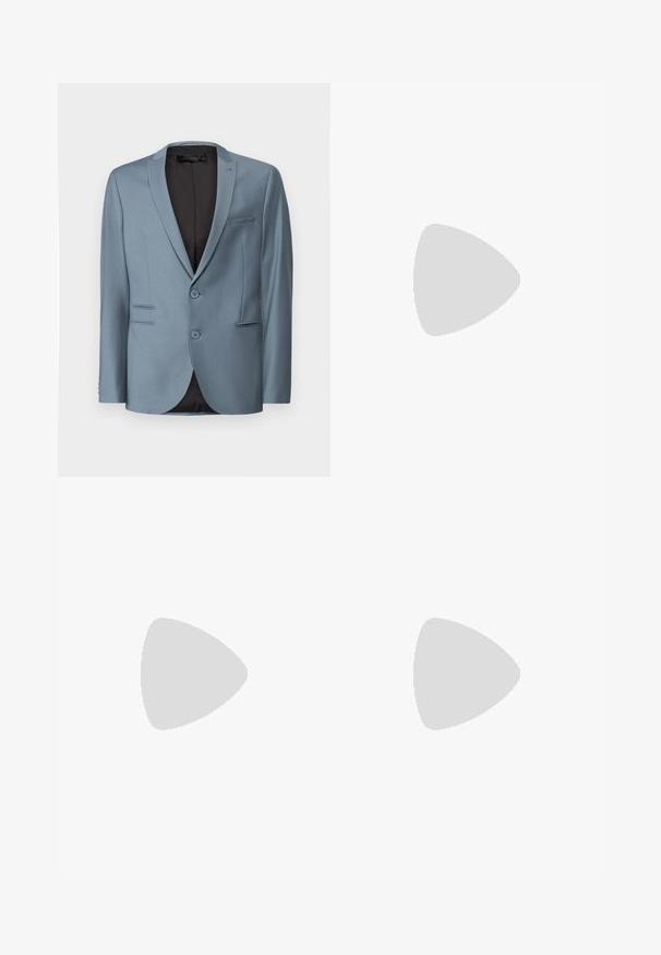 Light blue suit jacket with notch lapels, two buttons, and a single chest pocket. Textured fabric with a black interior lining.; BOSS TEE - Basic T-shirt - open white; Beige cotton trousers with a straight-leg cut, featuring a button closure and pleats at the front for added detail.; White sneaker with a smooth leather upper, round toe, and flat sole. Black accent at the heel, featuring tonal laces and minimal branding.