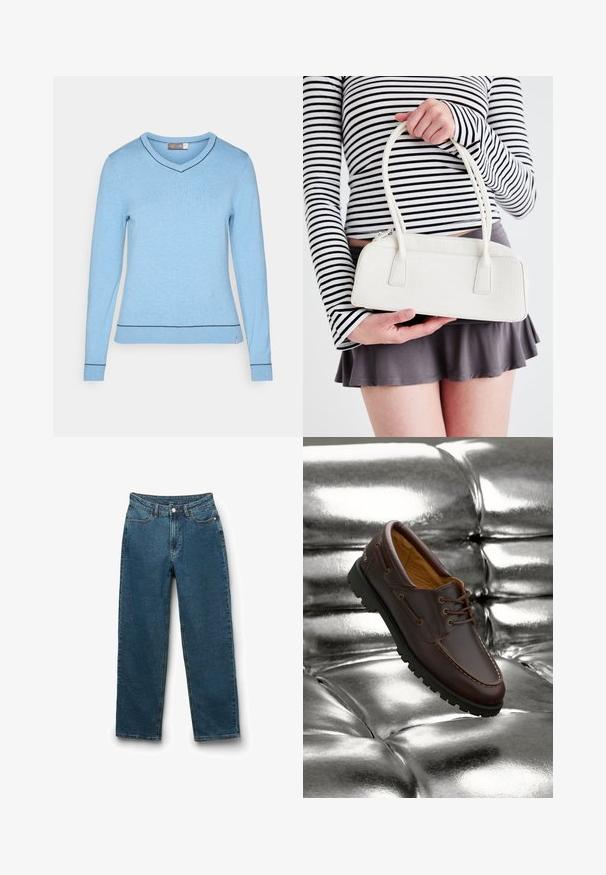 Beige striped blazer with a notch lapel, single button closure, and two front pockets. Made from a textured fabric, features a smooth inner lining.; Light blue long-sleeve sweater with a V-neck, ribbed cuffs, and hem. Features a contrasting dark blue stitch along the neckline and hem.; Dark blue denim jeans with a straight-leg design, five-pocket style, button closure, and visible stitching details.; Brown leather boat shoe with black rubber sole resting on shiny metallic silver tufted surface.; White crocodile-embossed handbag with two handles, rectangular shape, and zipper closure. Displayed against a light background.