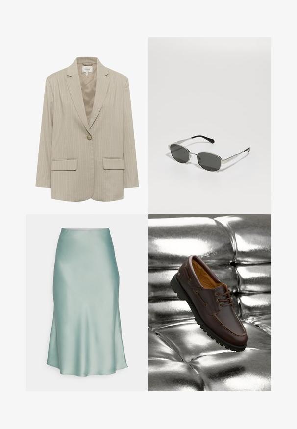 Beige gestreepte blazer met een notch revers, enkele knoopsluiting en twee voorzakken. Gemaakt van een gemêleerde stof, met een gladde binnenvoering.; Witte mouwloze top van gladde stof, met dunne bandjes en een aansluitend ontwerp met een rechte zoom. Geen aanvullende patronen of accenten.; Een mintgroene satijnen rok met een gladde textuur, een slanke silhouet en een lichte split aan één kant. Geen zichtbare hardware of patronen.; Bruine leren bootsschoen met een zwarte rubberen zool, rustend op een glanzend metallic zilveren, gekussioneerd oppervlak.; Zonnebril met grijze lenzen, slank zilveren metalen frame, transparante accenten en zwarte uiteinden op de pootjes. Heeft een ovale vorm.; Witte handtas met krokodillenstructuur, twee handvaten, rechthoekige vorm en ritsluiting. Weergegeven tegen een lichte achtergrond.