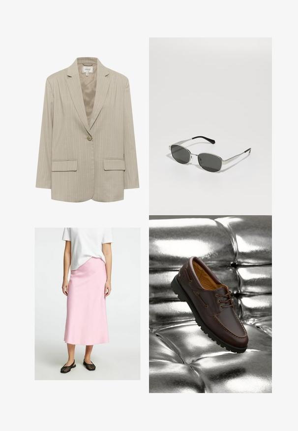 Blazer rayé beige avec un revers cranté, fermeture à un bouton et deux poches avant. Fabriqué dans un tissu texturé, il possède une doublure intérieure lisse.; Camisole blanche sans manches en tissu lisse, dotée de fines bretelles et d'une coupe ajustée avec un ourlet droit. Pas de motifs ou d'accents supplémentaires.; Jupe midi rose clair en tissu lisse, avec une coupe droite. Associée à des chaussures noires à enfiler en osier. T-shirt blanc partiellement visible.; Bateau en cuir marron avec semelle en caoutchouc noir reposant sur une surface métallique argentée brillante et capitonnée.; Lunettes de soleil avec des verres gris, monture en métal argenté slim, accents transparents et embouts noirs sur les branches. Elles ont une forme ovale.; Sac à main en cuir synthétique crocodile blanc, à deux poignées, de forme rectangulaire et avec une fermeture éclair. Exposé sur un fond clair.