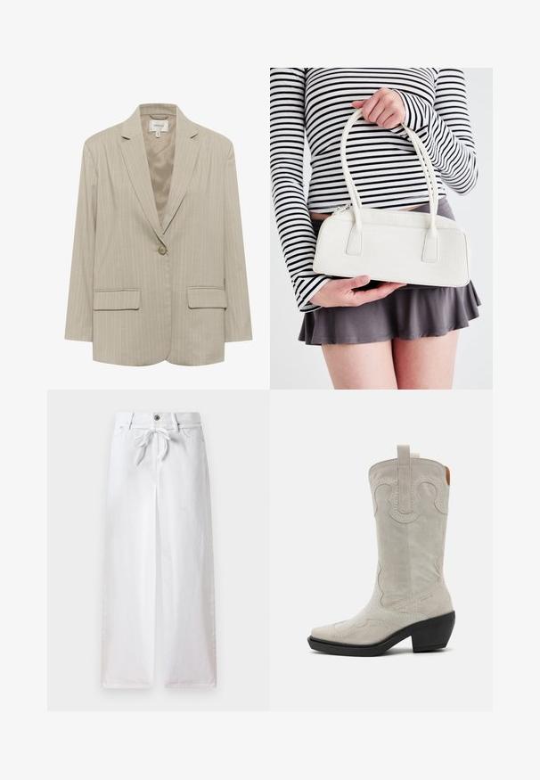 Blazer rayé beige avec un revers cranté, fermeture à un bouton et deux poches avant. Fabriqué dans un tissu texturé, il possède une doublure intérieure lisse.; Camisole blanche sans manches en tissu lisse, dotée de fines bretelles et d'une coupe ajustée avec un ourlet droit. Pas de motifs ou d'accents supplémentaires.; Pantalons larges blancs en coton. Dotés d'un cordon de serrage à la taille et d'une fermeture à bouton. Texture lisse avec un design minimaliste.; Bottine de cowboy en daim blanc avec un bout pointu, des coutures décoratives et un petit talon large. Dispose d'une languette sur le haut pour un enfilage facile.; Sac à main en cuir synthétique crocodile blanc, à deux poignées, de forme rectangulaire et avec une fermeture éclair. Exposé sur un fond clair.