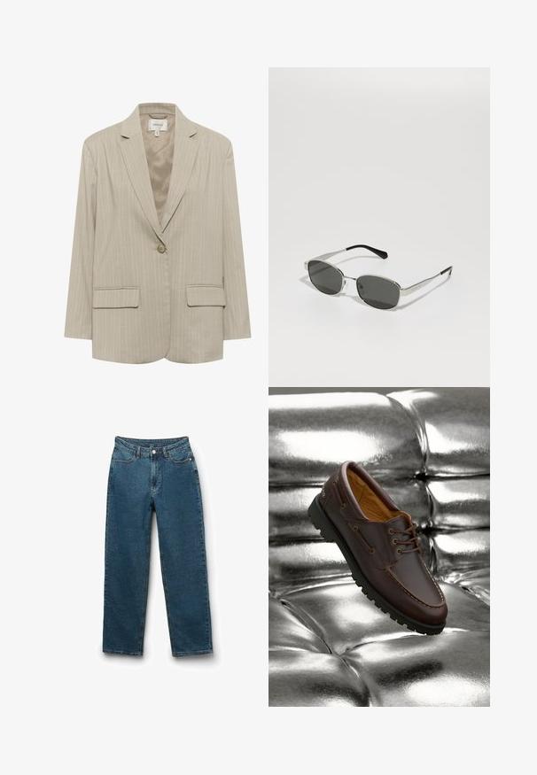 Blazer rayé beige avec un revers cranté, fermeture à un bouton et deux poches avant. Fabriqué dans un tissu texturé, il possède une doublure intérieure lisse.; Camisole blanche sans manches en tissu lisse, dotée de fines bretelles et d'une coupe ajustée avec un ourlet droit. Pas de motifs ou d'accents supplémentaires.; Jean en denim bleu foncé avec une coupe droite, style cinq poches, fermeture à bouton et détails de couture visibles.; Bateau en cuir marron avec semelle en caoutchouc noir reposant sur une surface métallique argentée brillante et capitonnée.; Lunettes de soleil avec des verres gris, monture en métal argenté slim, accents transparents et embouts noirs sur les branches. Elles ont une forme ovale.