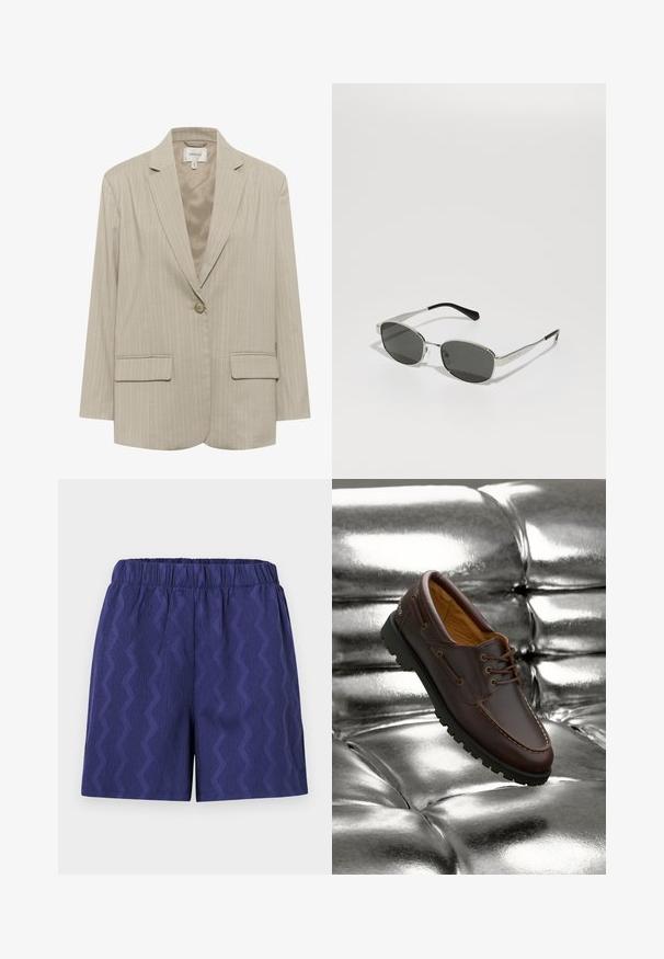 Beige gestreepte blazer met een notch revers, enkele knoopsluiting en twee voorzakken. Gemaakt van een gemêleerde stof, met een gladde binnenvoering.; Witte mouwloze top van gladde stof, met dunne bandjes en een aansluitend ontwerp met een rechte zoom. Geen aanvullende patronen of accenten.; Marineblauwe shorts met een gestructureerd zigzagpatroon, voorzien van een elastische tailleband voor comfort en een relaxte pasvorm. Gemaakt van lichtgewicht stof.; Bruine leren bootsschoen met een zwarte rubberen zool, rustend op een glanzend metallic zilveren, gekussioneerd oppervlak.; Zonnebril met grijze lenzen, slank zilveren metalen frame, transparante accenten en zwarte uiteinden op de pootjes. Heeft een ovale vorm.; Witte handtas met krokodillenstructuur, twee handvaten, rechthoekige vorm en ritsluiting. Weergegeven tegen een lichte achtergrond.
