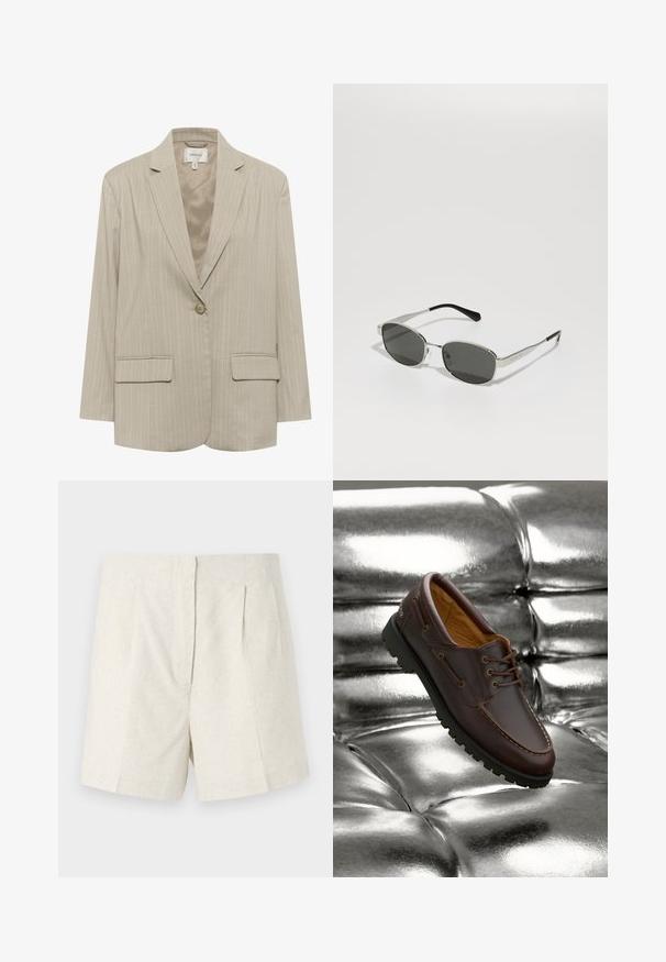 Blazer rayé beige avec un revers cranté, fermeture à un bouton et deux poches avant. Fabriqué dans un tissu texturé, il possède une doublure intérieure lisse.; Camisole blanche sans manches en tissu lisse, dotée de fines bretelles et d'une coupe ajustée avec un ourlet droit. Pas de motifs ou d'accents supplémentaires.; Shorts en lin beige avec une finition texturée, présentant un design ajusté, des plis à l'avant et une coupe droite.; Bateau en cuir marron avec semelle en caoutchouc noir reposant sur une surface métallique argentée brillante et capitonnée.; Lunettes de soleil avec des verres gris, monture en métal argenté slim, accents transparents et embouts noirs sur les branches. Elles ont une forme ovale.; Sac à main en cuir synthétique crocodile blanc, à deux poignées, de forme rectangulaire et avec une fermeture éclair. Exposé sur un fond clair.