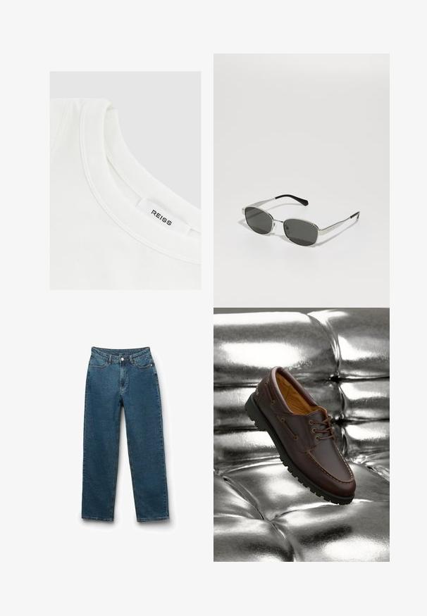 Beige gestreifter Blazer mit Reverskragen, einreihigem Knopfverschluss und zwei Fronttaschen. Hergestellt aus einem strukturierten Stoff, verfügt er über ein glattes Innenfutter.; Weißes Baumwoll-T-Shirt mit rundem Ausschnitt und genähten Details; Etikett lautet "REISS." Glatte Textur, schlichtes Design.; Dunkelblaue Denim-Jeans mit gerader Beinform, Fünf-Taschen-Stil, Knopfverschluss und sichtbaren Nähten.; Braune Lederbootsschuhe mit schwarzer Gummisohle, die auf einer glänzenden metallischen silbernen gepolsterten Oberfläche ruhen.; Sonnenbrille mit grauen Gläsern, schlankem silbernem Metallrahmen, transparenten Akzenten und schwarzen Spitzen an den Bügeln. Hat eine ovale Form.