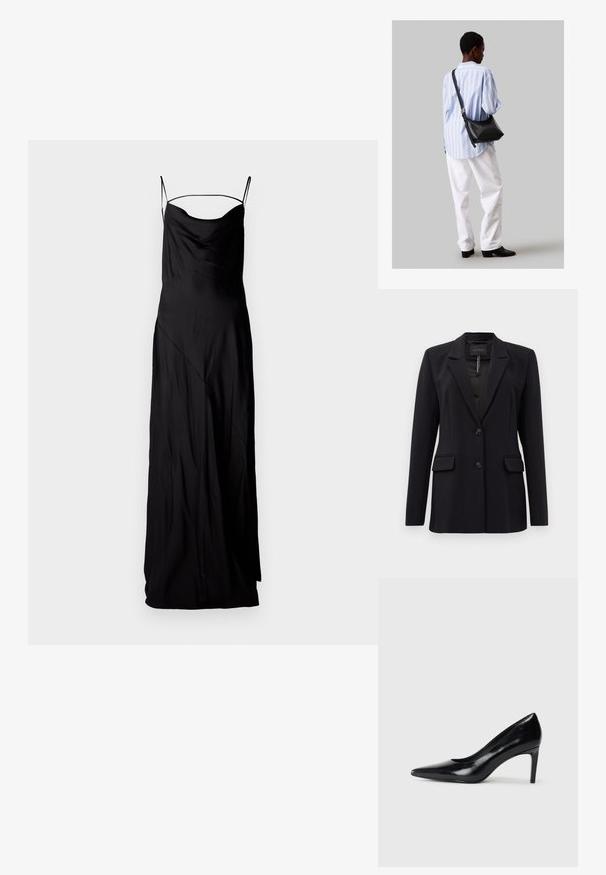 Černý saka s vyrobeným střihem, klopami do tvaru notche, dvěma předními kapsami na klopy, dvěma knoflíky a náprsní kapsou, označeno GUESS uvnitř límce.; Černé saténové dlouhé šaty s tenkými nastavitelnými ramínky, zaobleným výstřihem a šikmými švy, které mají hladkou, splývavou strukturu.; Černé kožené boty na vysokém podpatku s špičatou špičkou, hladkým povrchem a zúženým podpatkem. Minimalistický design, bez dalších ozdob.; Černá kožená kabelka přes rameno s jemnou texturou, trojúhelníkovým tvarem a nastavitelným popruhem, v kombinaci se světle modrou pruhovanou košilí a bílými kalhotami.