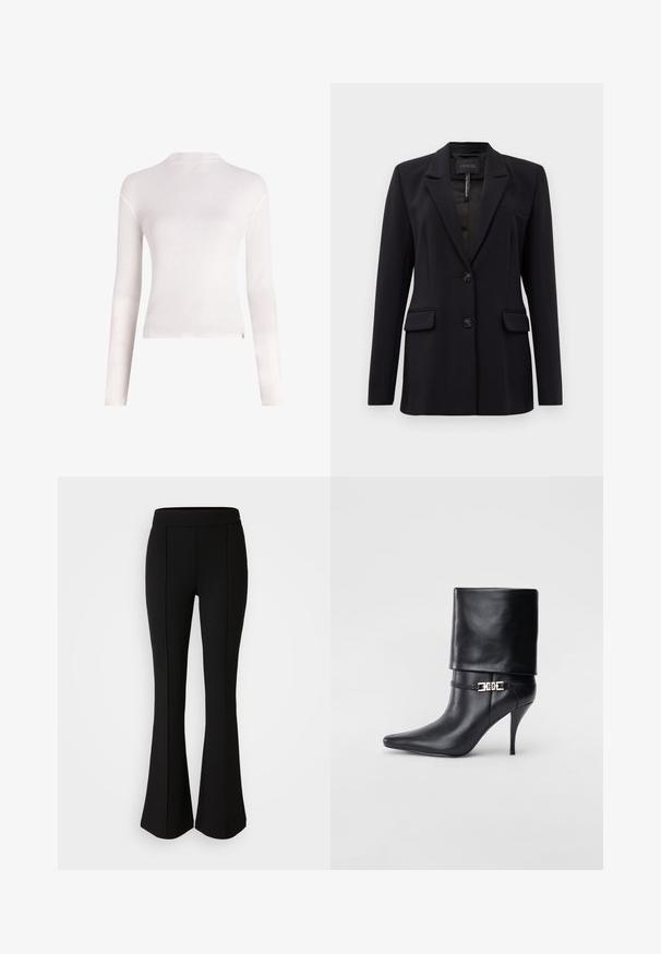 Schwarzer maßgeschneiderter Blazer mit Reverskragen, zwei vorderen Klappentaschen, zwei Knöpfen und einer Brustpassentasche, innen am Kragen mit GUESS beschriftet.; Langärmliges, weißes Oberteil aus weichem Material, mit rundem Ausschnitt, figurbetonter Form und minimalistischem Design ohne Muster oder Verzierungen.; Schwarze, ausgestellte Hose aus einem dehnbaren Material mit glatter Textur, ausgestattet mit Nahtdetails an der Vorderseite für ein zusätzliches Designelement.; Schwarze Leder-Ankle-Boots mit spitzer Zehenpartie, hohen Stiletto-Absätzen, umgeschlagenem Schaft und einem goldenen dekorativen Schnallen-Detail an der Knöchel.