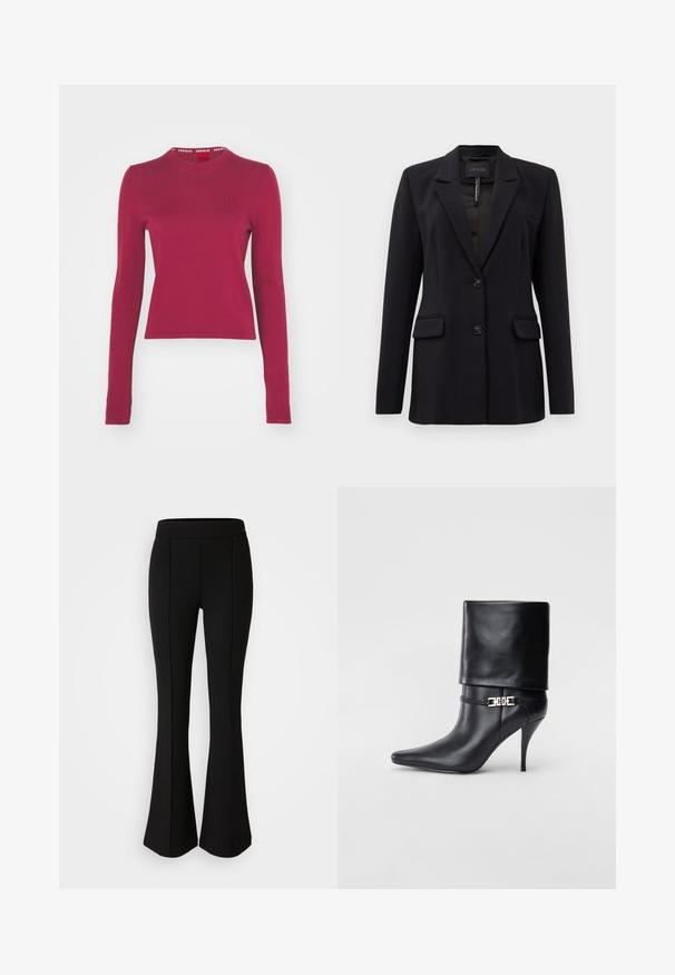 Schwarzer maßgeschneiderter Blazer mit Reverskragen, zwei vorderen Klappentaschen, zwei Knöpfen und einer Brustpassentasche, innen am Kragen mit GUESS beschriftet.; HUGO SCALLIA - Strickpullover - medium red; Schwarze, ausgestellte Hose aus einem dehnbaren Material mit glatter Textur, ausgestattet mit Nahtdetails an der Vorderseite für ein zusätzliches Designelement.; Schwarze Leder-Ankle-Boots mit spitzer Zehenpartie, hohen Stiletto-Absätzen, umgeschlagenem Schaft und einem goldenen dekorativen Schnallen-Detail an der Knöchel.