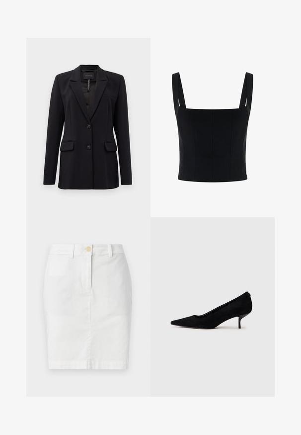 Melns piegriezts žakets ar izgrieztiem atlokiem, divām priekšējām kabatām ar atloku, divām pogām un krūšu kabatu, ar etiķeti GUESS iekšējā apkaklē.; Melna aras blūze ar platām plecu siksnām, piedāvā strukturētu dizainu un vertikālas šuves, kas piešķir formu un detalizāciju. Gluda tekstūra.; Balta kokvilnas zīmuļa svārki ar priekšējo pogu aizdari, jostas cilpām un gludu struktūru. Minimalistisks dizains, līdz ceļiem.; Melnas zamšādas augstpapēžu kurpes ar vienu punktētu purngalu un šauru, zemu papēdi. Gluda tekstūra ar elegantu dizainu, bez redzamiem aksesuāriem.