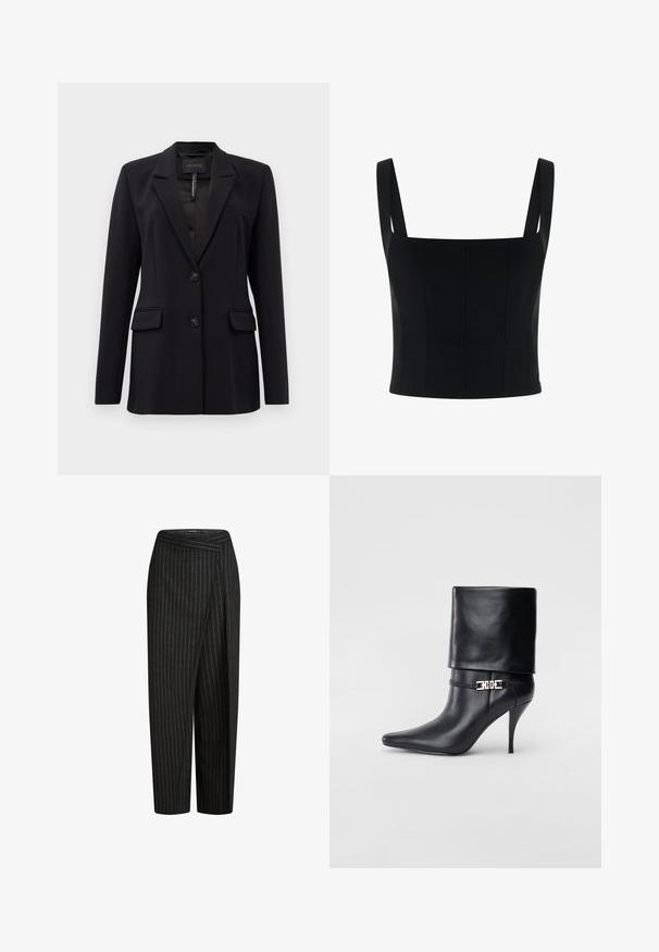 Fekete szabott zakó, lelapolt hajtókával, két elülső hajtókás zsebbel, két gombbal és egy mellkasi zsebbel, a gallér belső részén GUESS felirattal.; Fekete, rövidített felső, széles pántokkal, struktúrált dizájnnal és függőleges varrásokkal, melyek extra formát és részletgazdagságot adnak. Simás textúra.; Fekete csíkos, bőszárú nadrág, rövidített hosszal és hajtott derékkal, amely elegáns megjelenést kölcsönöz. Puha szövet textúra.; Fekete bőr bokacsizma hegyes orral, magas stiletto sarokkal, hajtott szegéllyel és arany díszcsattal a bokán.