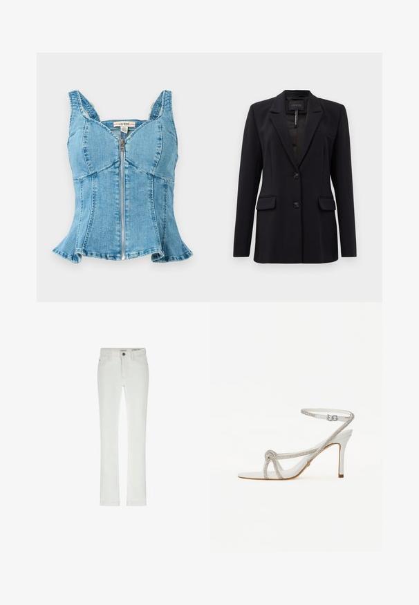 Zwarte op maat gemaakte blazer met notch revers, twee frontflapzakken, twee knopen en een borstzak met welt, gelabeld GUESS aan de binnenkant van de kraag.; Blauwe denim top met een rits aan de voorkant, gestructureerde cups, brede schouderbanden en een uitlopende zoom. Textuurstof met gestikte details.; Witte jeans met een slanke pasvorm, 5 zakken en contrasterende stiknaden. Beschikt over een knoopsluiting en een subtiele merklabel op de tailleband.; Witte hoge hak sandaal met een textuurriem voorzien van rhinestones, open teen ontwerp en enkelband met verstelbare gesp.