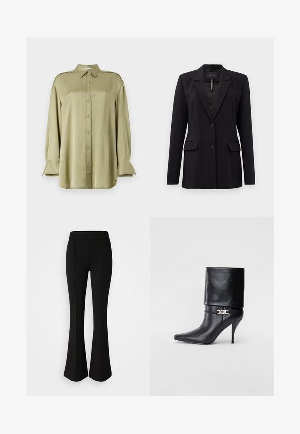 Czarna marynarka o dopasowanym kroju z klapami, dwoma przednimi kieszeniami z klapą, dwoma guzikami oraz kieszenią w klatce piersiowej, oznaczona metką GUESS wewnątrz kołnierza.; Oliwkowa bluzka wykonana z gładkiego materiału, z kołnierzykiem, guzikiem z przodu, długimi rękawami z mankietami i postrzępionymi detalami.; Czarne spodnie dzwony z elastycznego materiału o gładkiej strukturze, z detalami szwów z przodu dla dodatkowego stylu.; Czarne skórzane botki za kostkę z ostrym noskiem, wysokim obcasem w kształcie stiletto, z załamanym mankietem oraz złotym dekoracyjnym zapięciem na kostce.