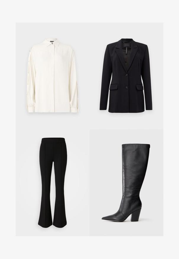 Blazer nero su misura con rever a taglio, due tasche frontali a filetto, due bottoni e una tasca sul petto a filetto, etichettato GUESS all'interno del colletto.; Blusa bianca a maniche lunghe con colletto, chiusura a bottoni e polsini arricciati. Presenta bottoni decorativi lungo le maniche. Tessuto liscio.; Pantaloni neri a zampa d'elefante realizzati in un materiale elastico con una texture liscia, caratterizzati da dettagli delle cuciture lungo la parte anteriore per un tocco di design in più.; Stivale in pelle nera al ginocchio con punta affilata e tacco alto spesso, mostrato in profilo laterale sinistro su sfondo bianco.