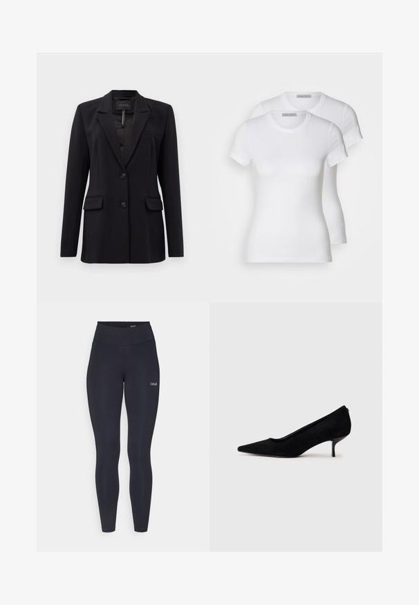 Black tailored blazer with notch lapels, two front flap pockets, two buttons, and a chest welt pocket, labeled GUESS inside collar.; Two white cotton t-shirts with short sleeves, round necklines, and a fitted silhouette, displaying a smooth texture and minimalistic design.; Black leggings with a high waistband, made from stretchy fabric, featuring a small white logo on the thigh and smooth texture.; Black suede high heel shoe with a pointed toe and a slim, low heel. Smooth texture with a sleek design, featuring no visible hardware.