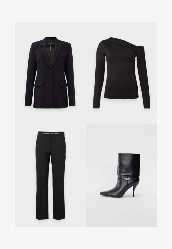 Melns piegriezts žakets ar izgrieztiem atlokiem, divām priekšējām kabatām ar atloku, divām pogām un krūšu kabatu, ar etiķeti GUESS iekšējā apkaklē.; Melnas garām piedurknēm blūze ar asimetrisku kakla izgriezumu, kur viens plecs ir atklāts un maigā drapējuma akcenti krūšu daļā.; Melni bikses ar taisna piegriezuma dizainu, ar zelta ķēdes akcentu jostas vietā. Izgatavotas no gluda auduma ar pielāgotu piegriezumu.; Melnas ādas potīšu zābaki ar smailu purngalu, augstu stiletto papēdi, salocītu aproci un zeltītu dekoratīvu sprādzi uz potītes.