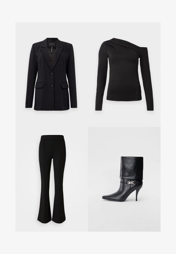 Črn sofisticiran blazer z izrezom na reverjih, dvema sprednjima žepoma z poklopcem, dvema gumboma in žepom na prsih, označen z GUESS na notranji strani ovratnika.; Črna dolga majica z dolgimi rokavi z asymetričnim izrezom, ki razkriva eno ramo in ima nežno padajočo draperijo čez prsi.; Črne razširjene hlače iz raztegljivega materiala z gladko teksturo, ki imajo šive spredaj za dodatno oblikovanje.; Črne usnjene gležnjarje z ostrim nosom, visokim stiletto peto, zavihanim robom in zlatim okrasnim zaponko na gležnju.