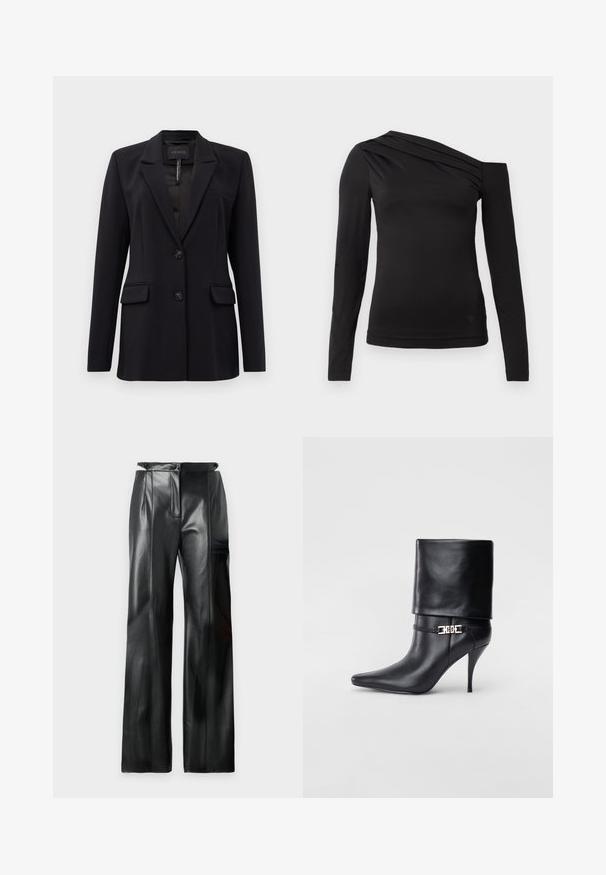 Črn sofisticiran blazer z izrezom na reverjih, dvema sprednjima žepoma z poklopcem, dvema gumboma in žepom na prsih, označen z GUESS na notranji strani ovratnika.; Črna dolga majica z dolgimi rokavi z asymetričnim izrezom, ki razkriva eno ramo in ima nežno padajočo draperijo čez prsi.; Črne usnjene hlače z visokim pasom, širokimi nogami, vertikalnimi šivi in gladko teksturo. Imajo zadrgo in zanke za pas.; Črne usnjene gležnjarje z ostrim nosom, visokim stiletto peto, zavihanim robom in zlatim okrasnim zaponko na gležnju.