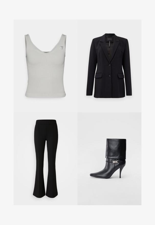 Czarna marynarka o dopasowanym kroju z klapami, dwoma przednimi kieszeniami z klapą, dwoma guzikami oraz kieszenią w klatce piersiowej, oznaczona metką GUESS wewnątrz kołnierza.; Jasnoszary prążkowany top o okrągłym dekolcie, dopasowany w kroju, z wąskimi ramiączkami; posiada małą metkę z logo na górnej prawej stronie.; Czarne spodnie dzwony z elastycznego materiału o gładkiej strukturze, z detalami szwów z przodu dla dodatkowego stylu.; Czarne skórzane botki za kostkę z ostrym noskiem, wysokim obcasem w kształcie stiletto, z załamanym mankietem oraz złotym dekoracyjnym zapięciem na kostce.