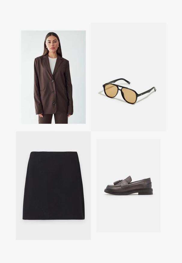 Blazer marrone con rever a scasso, chiusura a un solo bottone e due tasche frontali. Tessuto liscio, vestibilità sartoriale e design minimalista.; Maglietta nera a maniche lunghe realizzata in tessuto a coste. Presenta un collo rotondo e un design aderente senza motivi o dettagli visibili.; Mini gonna nera, taglio dritto, tessuto liscio, senza motivi o decorazioni visibili, bordi puliti, senza hardware. Design semplice.; Geox SERILDA - Scarpe senza lacci - taupe; Occhiali da sole neri con lenti a sfumatura marrone; forma rettangolare con una montatura spessa, inclusi sottili dettagli metallici sulle astine.; Borsa a pochette intrecciata marrone con una finitura testurizzata, hardware dorato e borchie decorative lungo i bordi. Include una tracolla a catena.