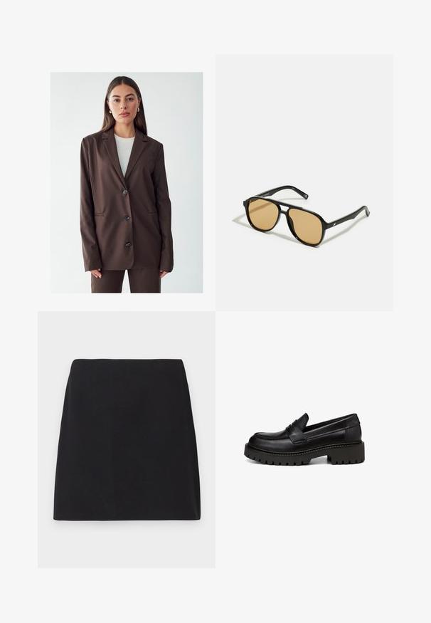 Brown blazer with a notched lapel, single-breasted button closure, and two front pockets. Smooth fabric, tailored fit, and minimalistic design.; Black long-sleeve shirt made of ribbed fabric. It features a round neckline and fitted design without visible patterns or accents.; Black mini skirt, straight cut, smooth fabric texture, no visible patterns or embellishments, clean edges, no hardware. Simple design.; Marc O'Polo LOAFER MIT ROBUSTER PROFIL - Slip-ons - black; Black sunglasses with brown tinted lenses; rectangular shape with a thick frame, including subtle hardware accents on the temples.; Brown woven clutch bag with a textured finish, gold-tone hardware, and decorative studs along the edges. Features a chain strap.