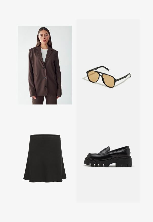 Blazer marron avec un col cranté, fermeture à bouton simple, et deux poches avant. Tissu lisse, coupe ajustée et design minimaliste.; T-shirt noire à manches longues en tissu côtelé. Elle présente un col rond et une coupe ajustée sans motifs ni accents visibles.; Jupe mini noire évasée en matériau doux avec une texture lisse et une large ceinture. Présente un design simple sans motifs ni accents.; Mocassins en cuir noir avec une semelle plateforme épaisse et texturée, et une sangle décorative sur le dessus. Fini lisse et brillant.; Lunettes de soleil noires avec des verres teintés marron ; forme rectangulaire avec une monture épaisse, incluant des détails discrets en métal sur les branches.; Pochette tressée marron avec une finition texturée, quincaillerie dorée et clous décoratifs le long des bords. Dispose d'une bandoulière en chaîne.